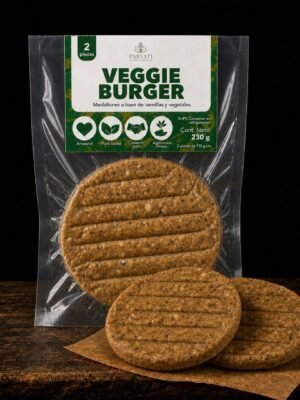 Veggie Burger Parvati — hamburguesa vegana Carniveggia Veggie Burger de Parvati sobre fondo negro, vista hero