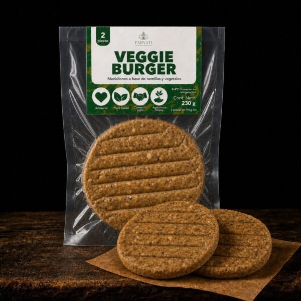 Veggie Burger de Parvati sobre fondo negro, vista hero