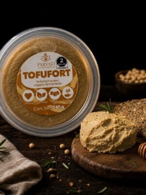 Tofufort Parvati — tofu artesanal mexicano Tofufort de Parvati sobre fondo negro, vista hero del bloque