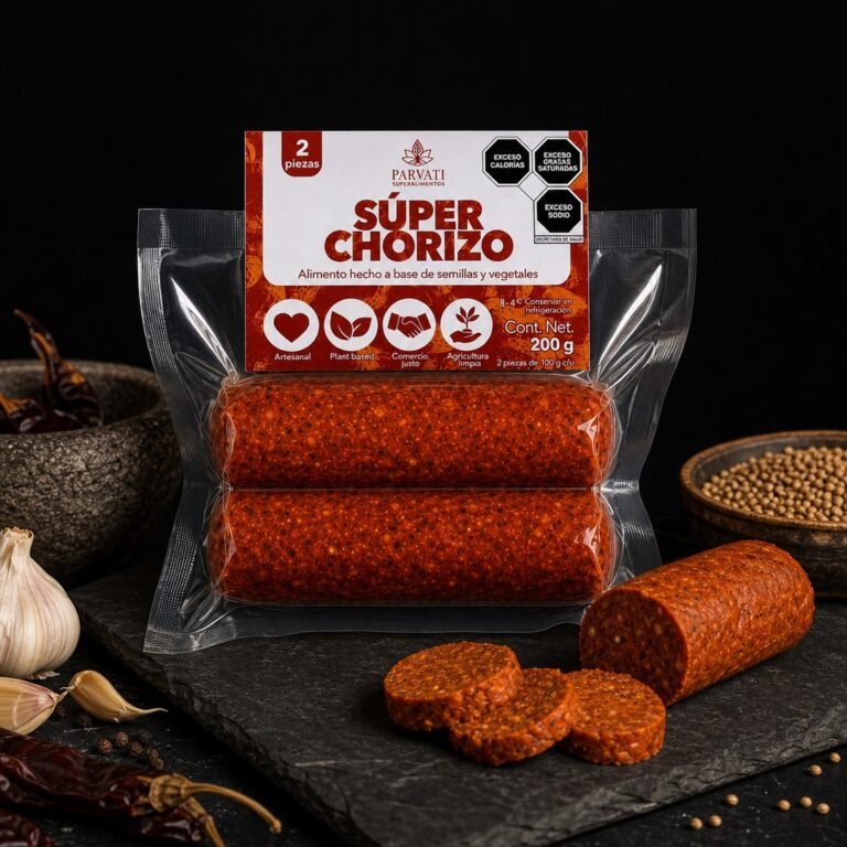 Súper Chorizo vegano de Parvati sobre fondo negro, vista hero