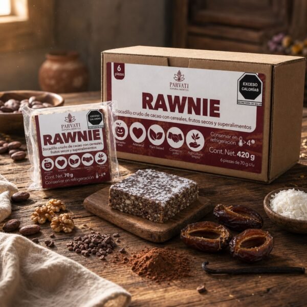RAWnie en presentación rústica sobre madera RAWnie raw vegano de Parvati sobre tabla de madera