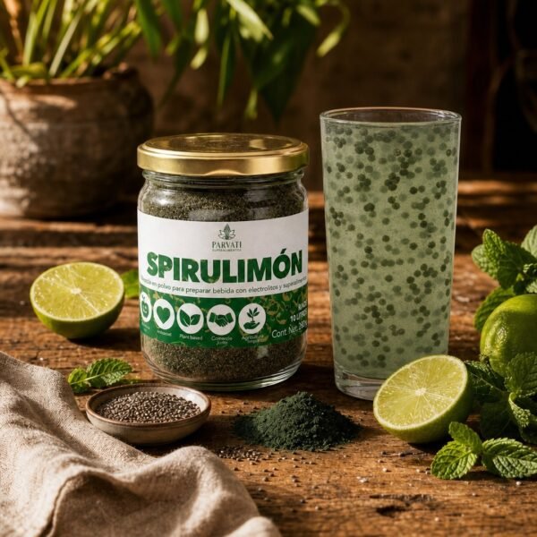 Spirulimón sobre mesa de madera con presentación natural