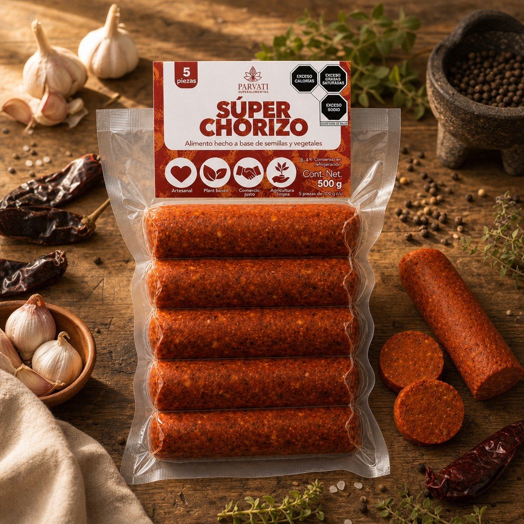 Súper Chorizo de Parvati estilizado sobre mesa de madera