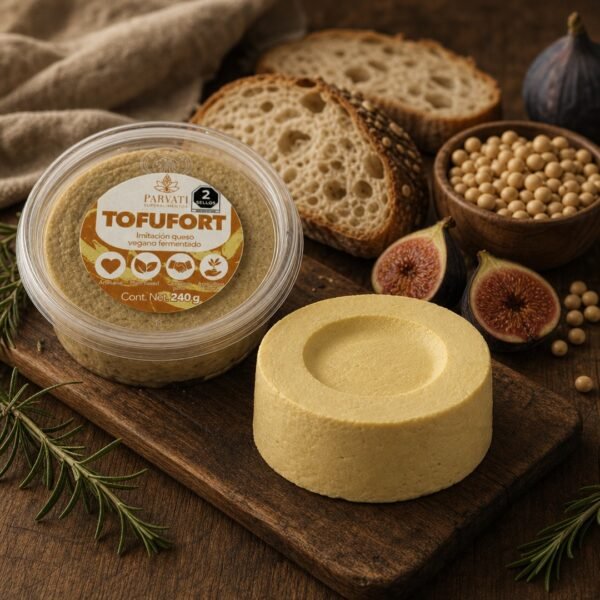 Tofufort sobre mesa de madera — proteína vegetal Tofufort de Parvati estilizado sobre tabla de madera