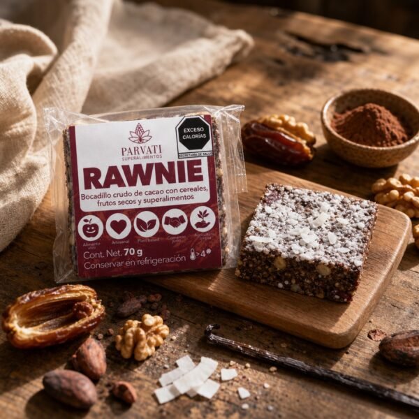 RAWnie sobre mesa de madera — snack raw mexicano RAWnie de Parvati estilizado sobre mesa de madera con luz natural