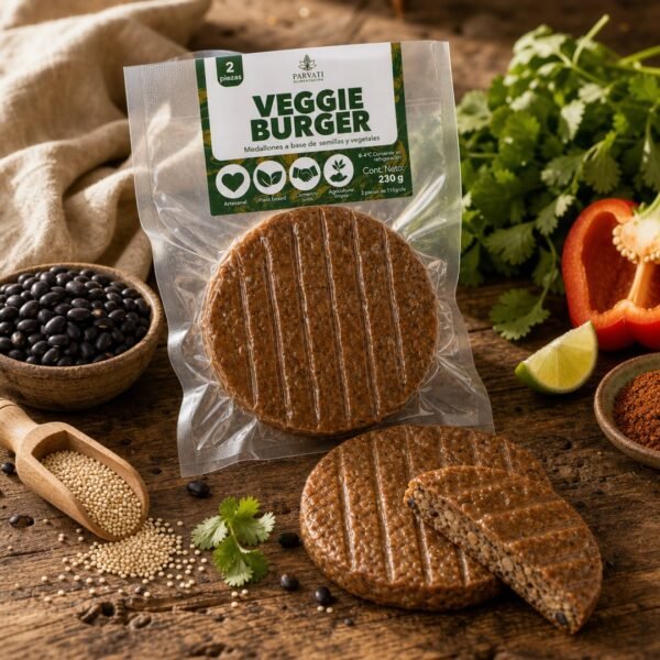 Veggie Burger sobre mesa de madera — plant-based mexicana Veggie Burger de Parvati estilizada sobre tabla de madera