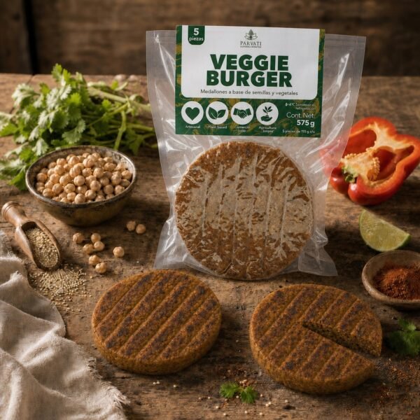 Veggie Burger en presentación rústica de madera Veggie Burger sobre superficie de madera con luz natural