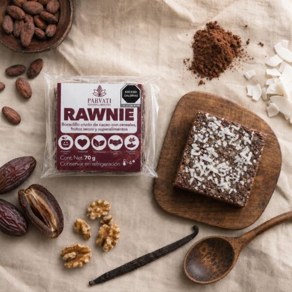 RAWnie flatlay con ingredientes naturales Flatlay aéreo de RAWnie de Parvati rodeado de cacao, dátil y nueces