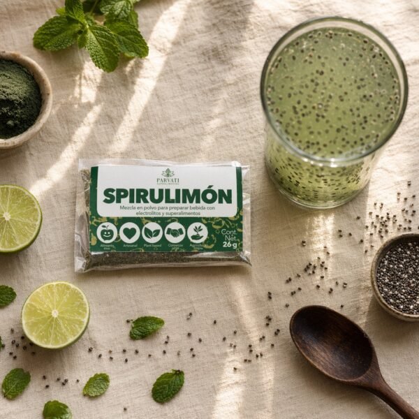 Flatlay aéreo de Spirulimón con limones y polvo de espirulina