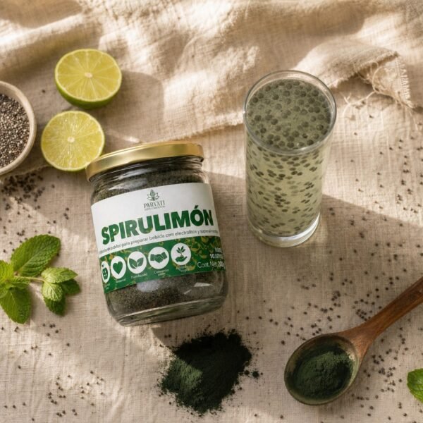 Vista aérea flatlay de Spirulimón con ingredientes