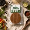 Veggie Burger flatlay con pan y vegetales Flatlay aéreo de Veggie Burger con pan brioche y vegetales