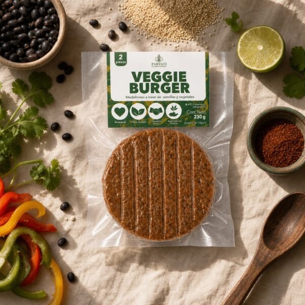 Veggie Burger flatlay con pan y vegetales Flatlay aéreo de Veggie Burger con pan brioche y vegetales