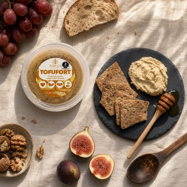 Tofufort flatlay con ingredientes frescos Flatlay aéreo de Tofufort con verduras frescas y especias