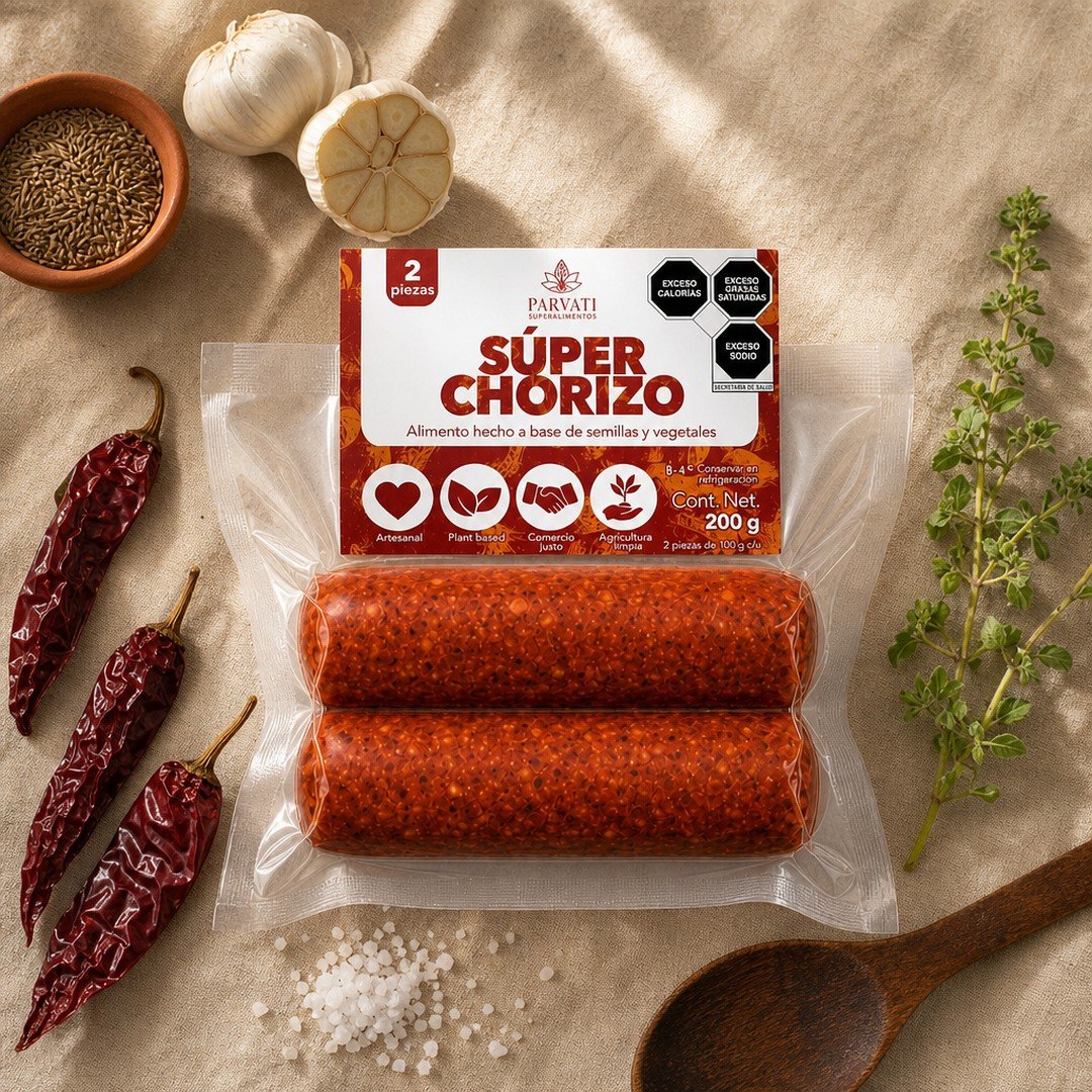 Flatlay aéreo de Súper Chorizo con achiote y especias mexicanas