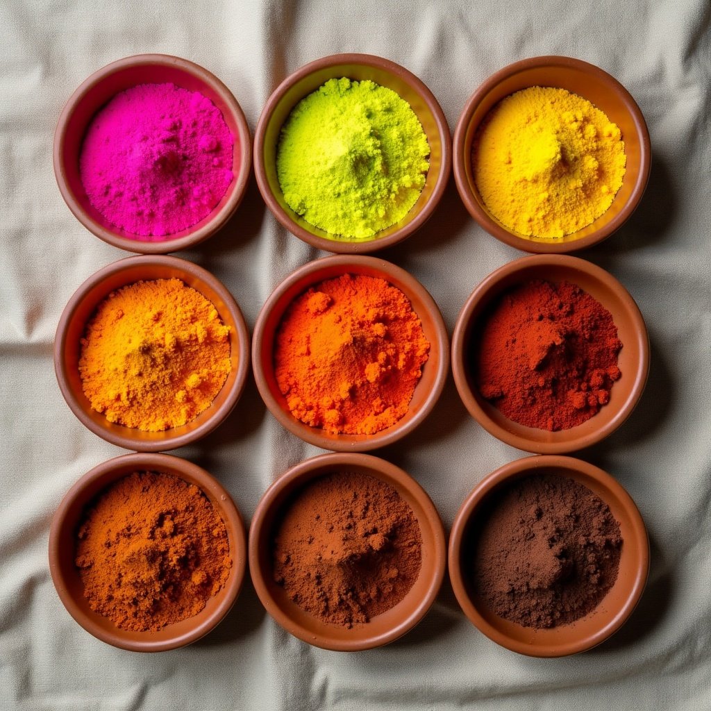 Cuencos de barro con polvos de colores artificiales brillantes junto a especias naturales como cúrcuma y cacao