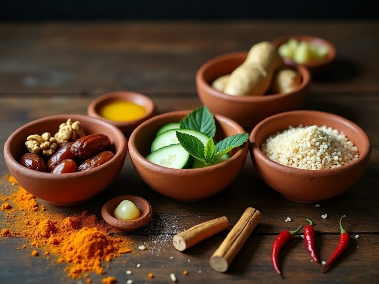 Tres cuencos de barro alineados con ingredientes representando los doshas Vata, Pitta y Kapha sobre mesa de madera