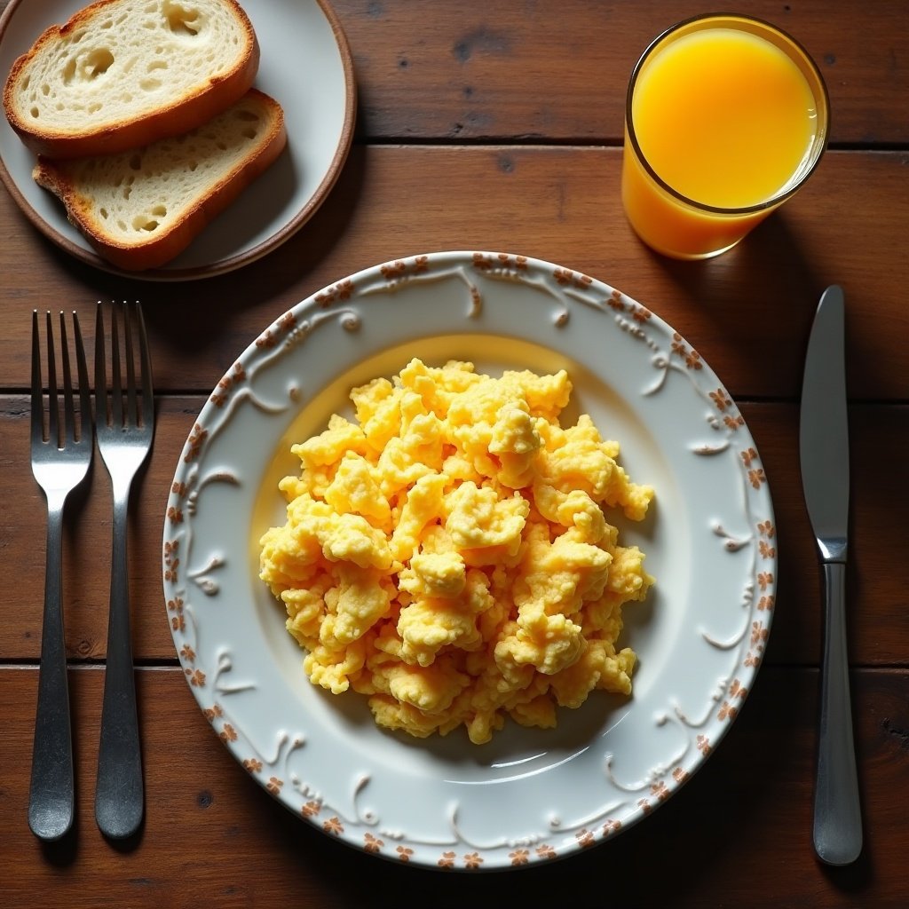 Desayuno con huevo, jugo de naranja y pan tostado mostrado en composición editorial