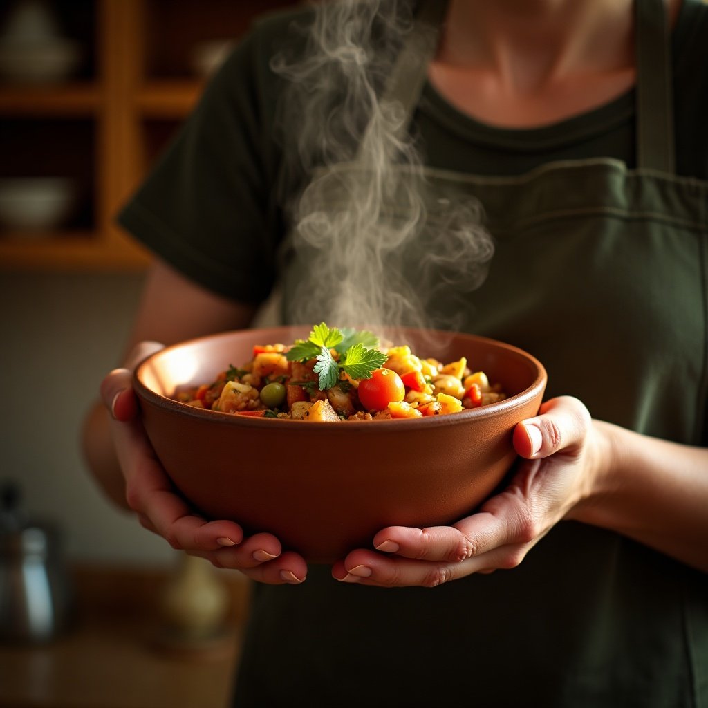 Manos sosteniendo un cuenco de barro con guiso vegetal humeante en cocina rústica