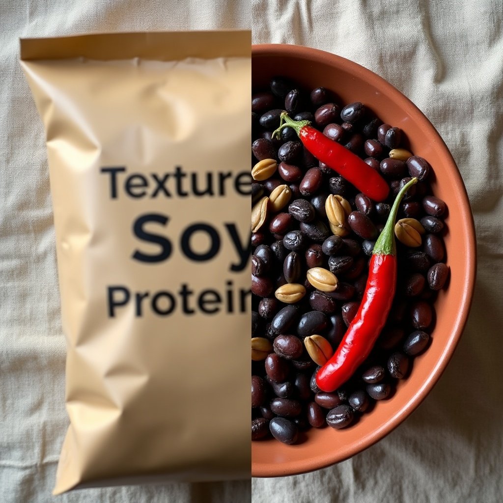 Vista cenital comparando soya texturizada industrial desenfocada con frijoles negros mexicanos y semillas en cuencos de barro