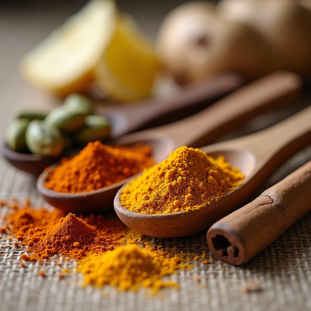 Cucharas de madera con cúrcuma molida, comino, cardamomo, canela y jengibre