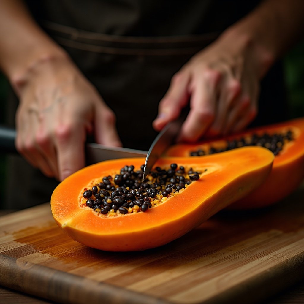 Manos cortando una papaya fresca sobre tabla de madera, semillas visibles