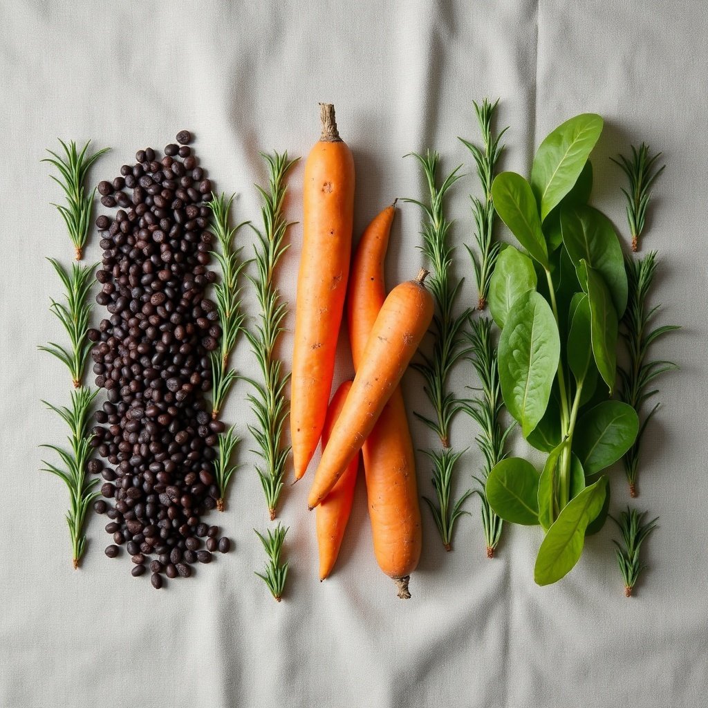 Vista cenital de alimentos clasificados por grupos: proteínas, almidones, vegetales separados visualmente
