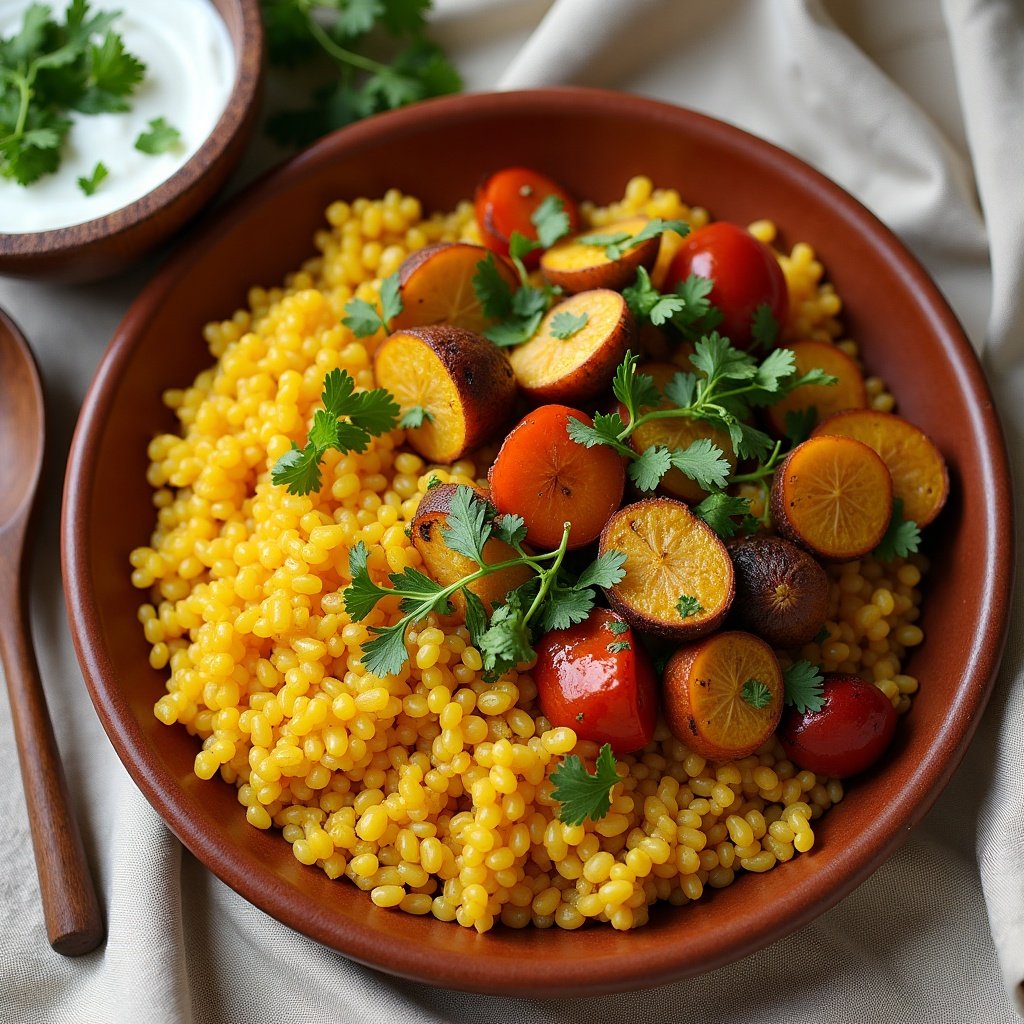 Plato con kitchari de arroz y lentejas, vegetales asados y yogur de coco, vista cenital