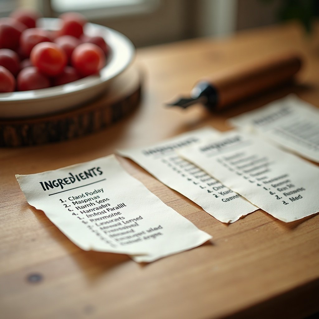 Listas de ingredientes impresas en papel cremoso con una pluma de madera anotando símbolos