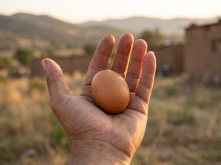 Una mano sostiene un huevo fresco de gallina de pastoreo con paisaje rural mexicano desenfocado al fondo