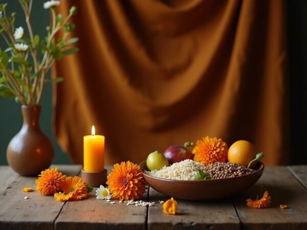 Altar minimalista con vela encendida, flores naranjas y blancas, cuenco de granos y frutas sobre mesa de madera con telas tierra al fondo