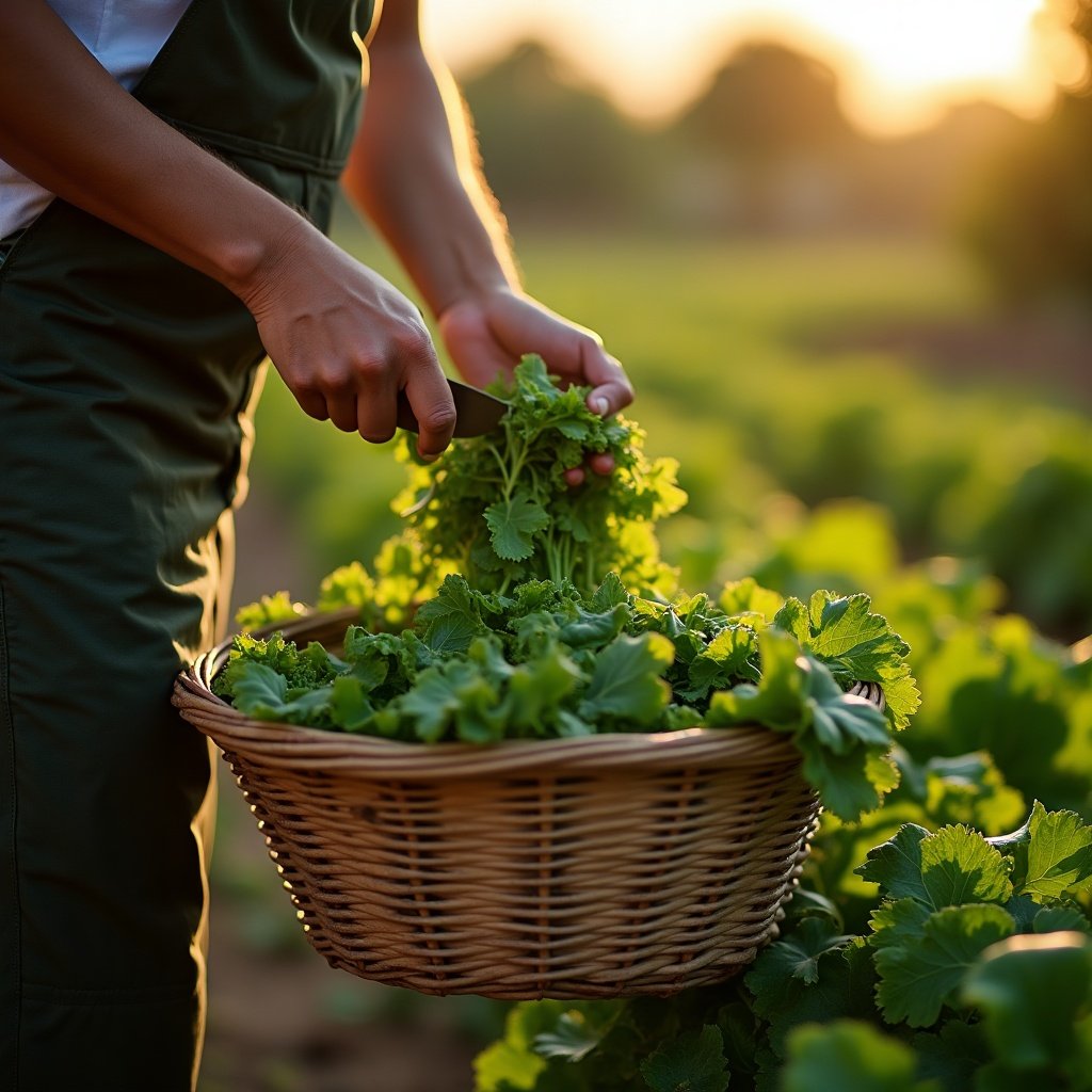 Manos de un productor local cosechando hojas verdes frescas en una huerta, vista lateral sin rostro