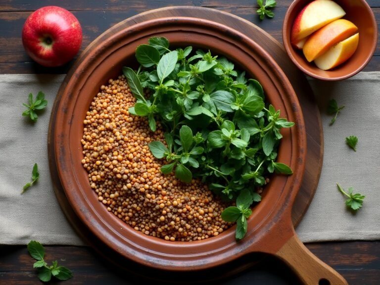 Vista cenital de plato con semillas y leguminosas a un lado, vegetales verdes al otro, cuenco de frutas aparte sobre tabla de madera