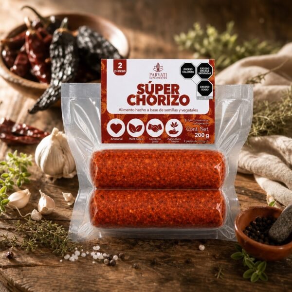 Super Chorizo Parvati - Chorizo vegano artesanal mexicano en presentacion sobre mesa de madera