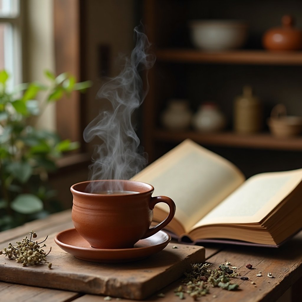 Taza de barro con té de hierbas humeando junto a un libro abierto, cocina rústica al fondo