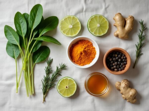 Vista cenital de ingredientes conectados visualmente — hojas verdes con limón, semillas, cúrcuma con pimienta — sobre lino