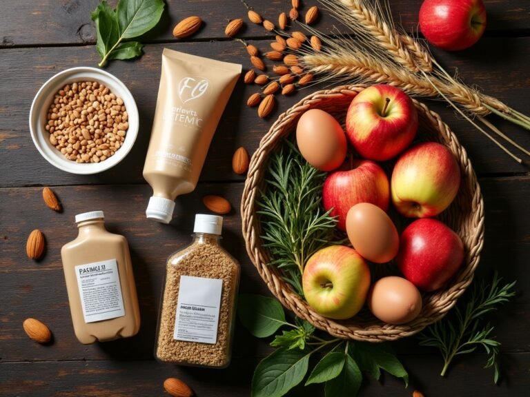 Vista cenital comparando productos empacados genéricos con alimentos enteros frescos sobre mesa de madera