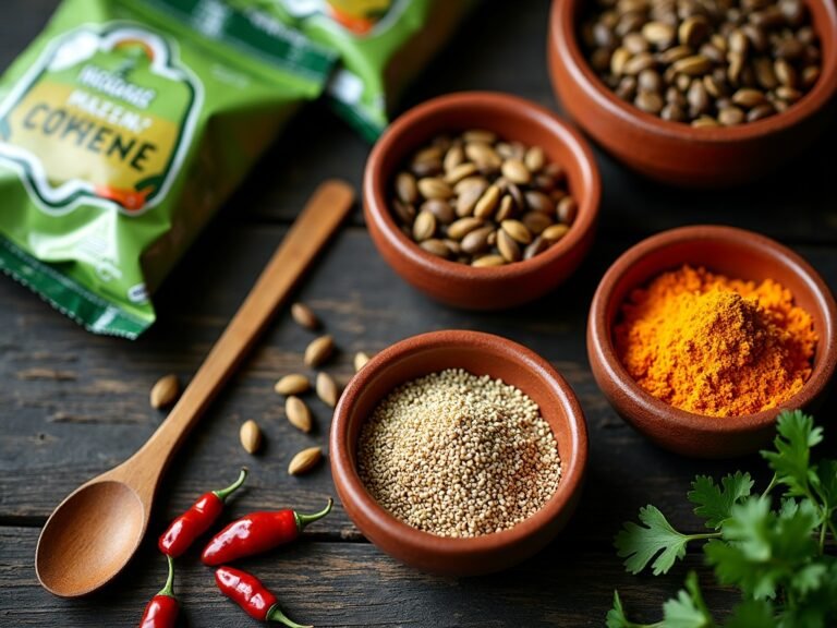 Contraste entre paquetes industriales verdes desenfocados al fondo y ingredientes naturales reales en primer plano sobre mesa de madera