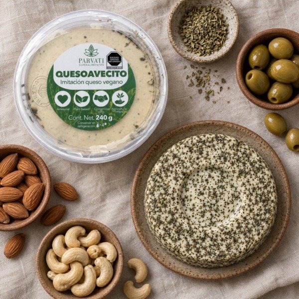 Quesoavecito - flatlay Quesoavecito de Parvati Superalimentos, vista desde arriba sobre superficie clara