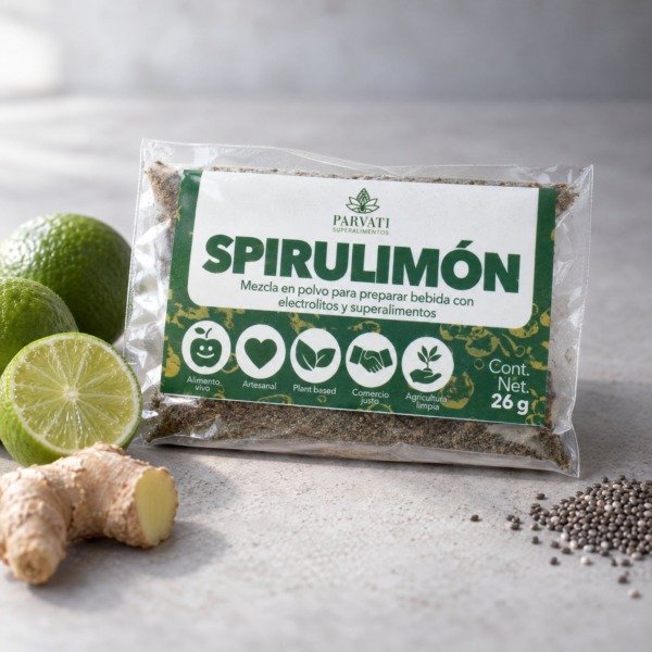 Spirulimon sobre - Parvati Spirulimón de Parvati Superalimentos, Spirulimon sobre, con luz natural de ventana