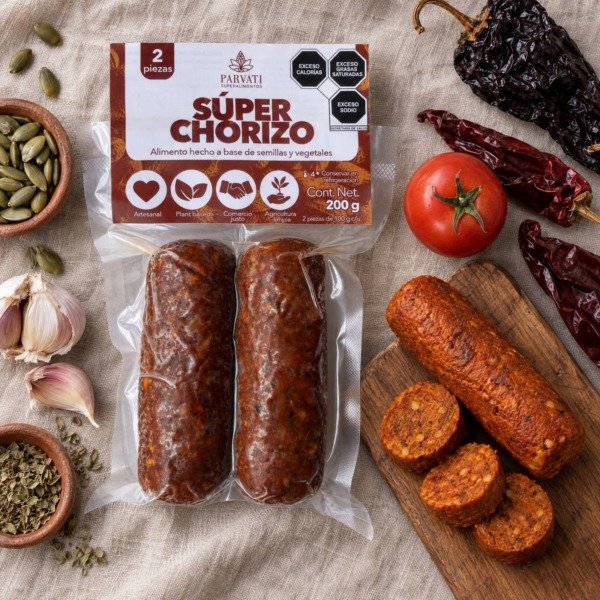 Súper Chorizo de Parvati Superalimentos, vista desde arriba sobre superficie clara
