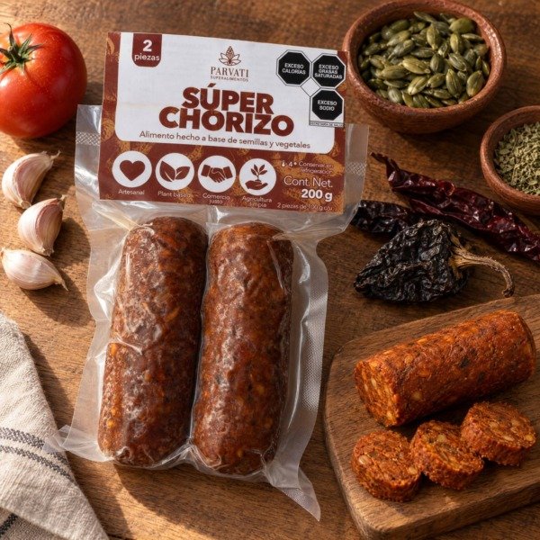 Súper Chorizo de Parvati Superalimentos, sobre mesa de madera