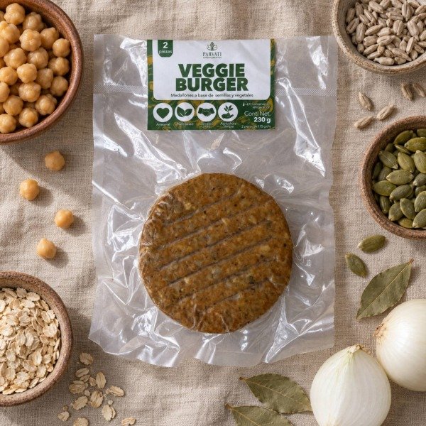 Veggie Burger - flatlay Veggie Burger de Parvati Superalimentos, vista desde arriba sobre superficie clara